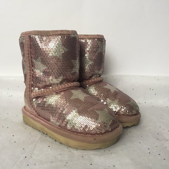 Ugg Kids Classic Short Suede Pink Sequin Stars Boot II - Size 6 Shearling Lined